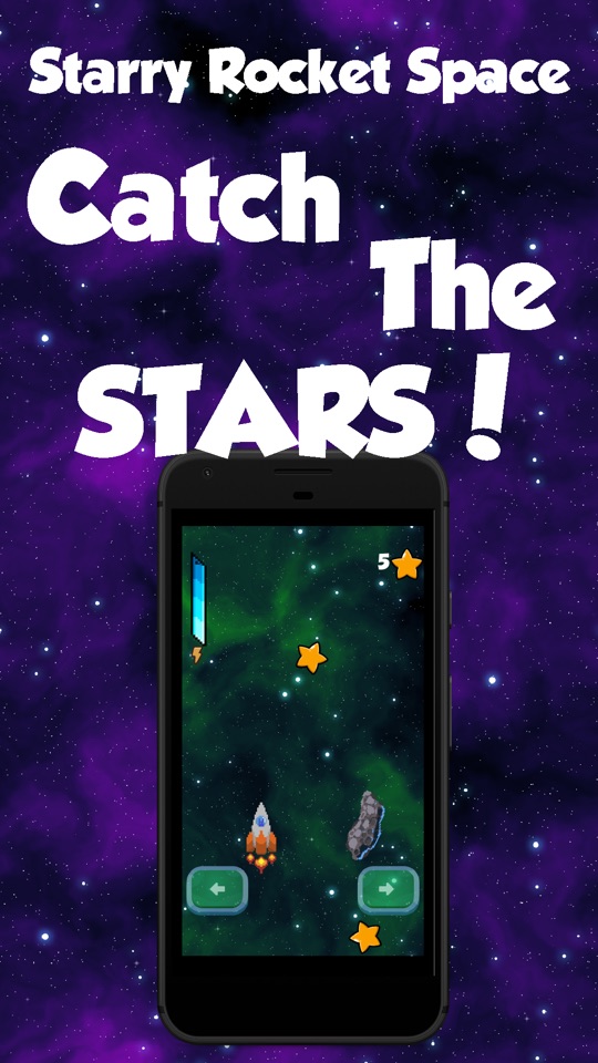Catch the stars: the rocket flies through a green nebula past stars and an asteroid, with the energy gauge and star count on screen