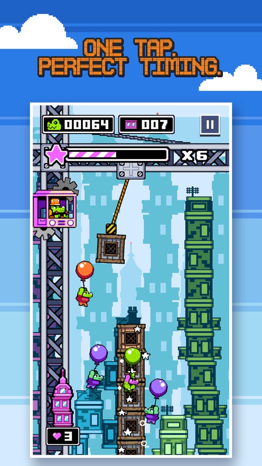 A floor swinging from the crane above a growing tower, with tenants floating up on balloons