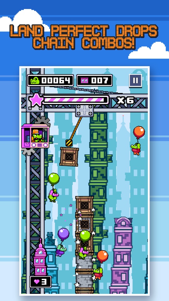 A floor landing dead center on the tower in a burst of stars, with a 6x combo