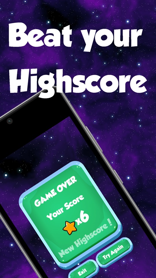 Beat your highscore: the Game Over screen showing a score of six stars and a New Highscore message