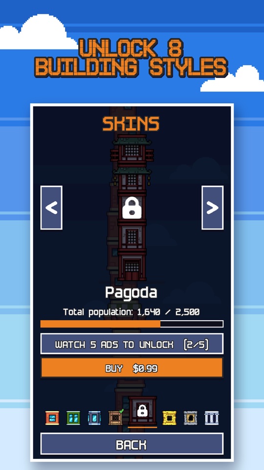 The Skins screen: the locked Pagoda skin with its population goal and ways to unlock it