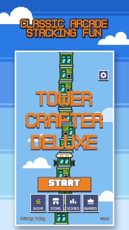 The main menu: the game title over a tall green tower, with Start, Skins, Store, Scores and Awards buttons